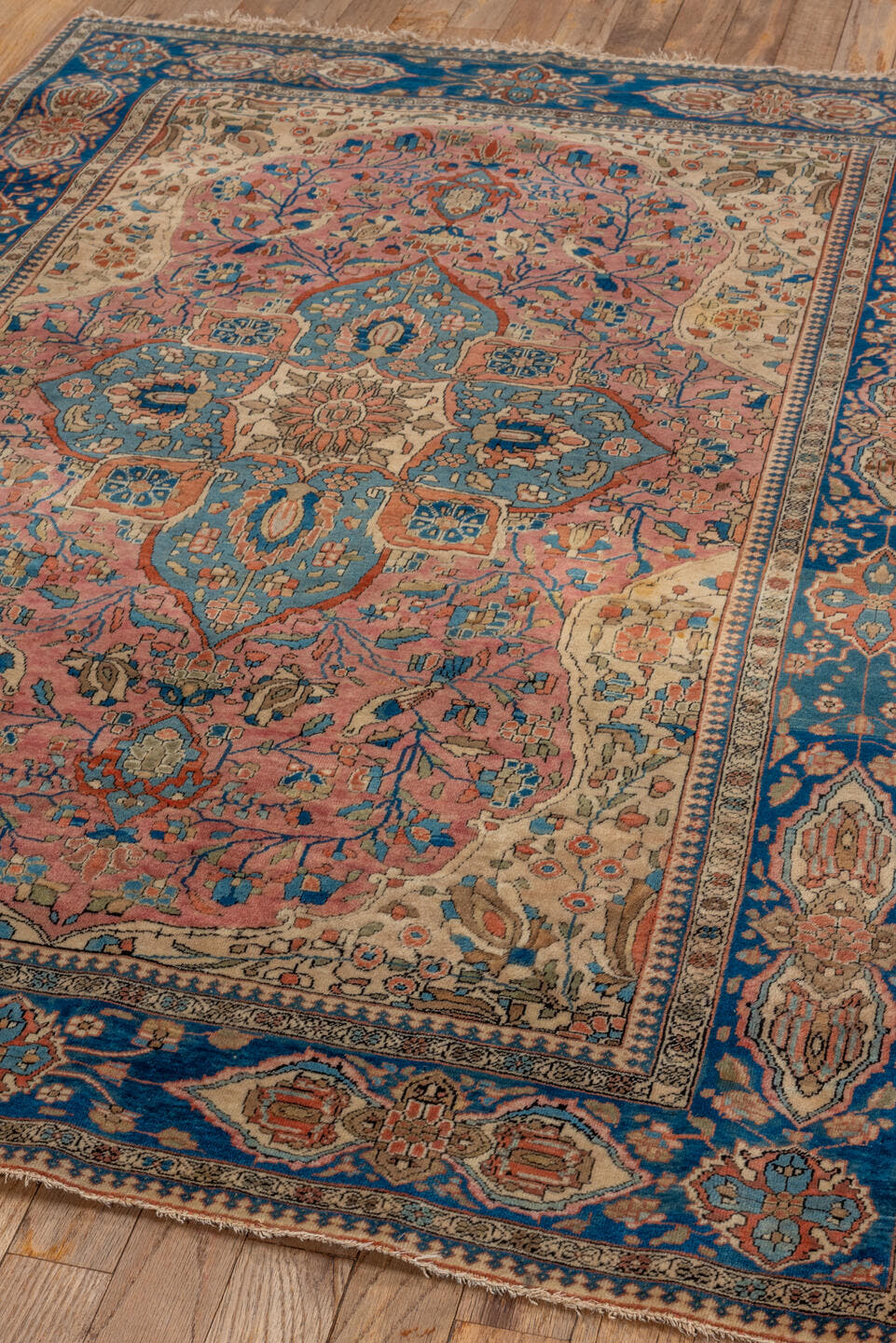 3' x 4' one-of-a-kind handmade vintage Mohtasham Kashan small size rug. Color palette: rose, navy, ivory, sky_blue, taupe