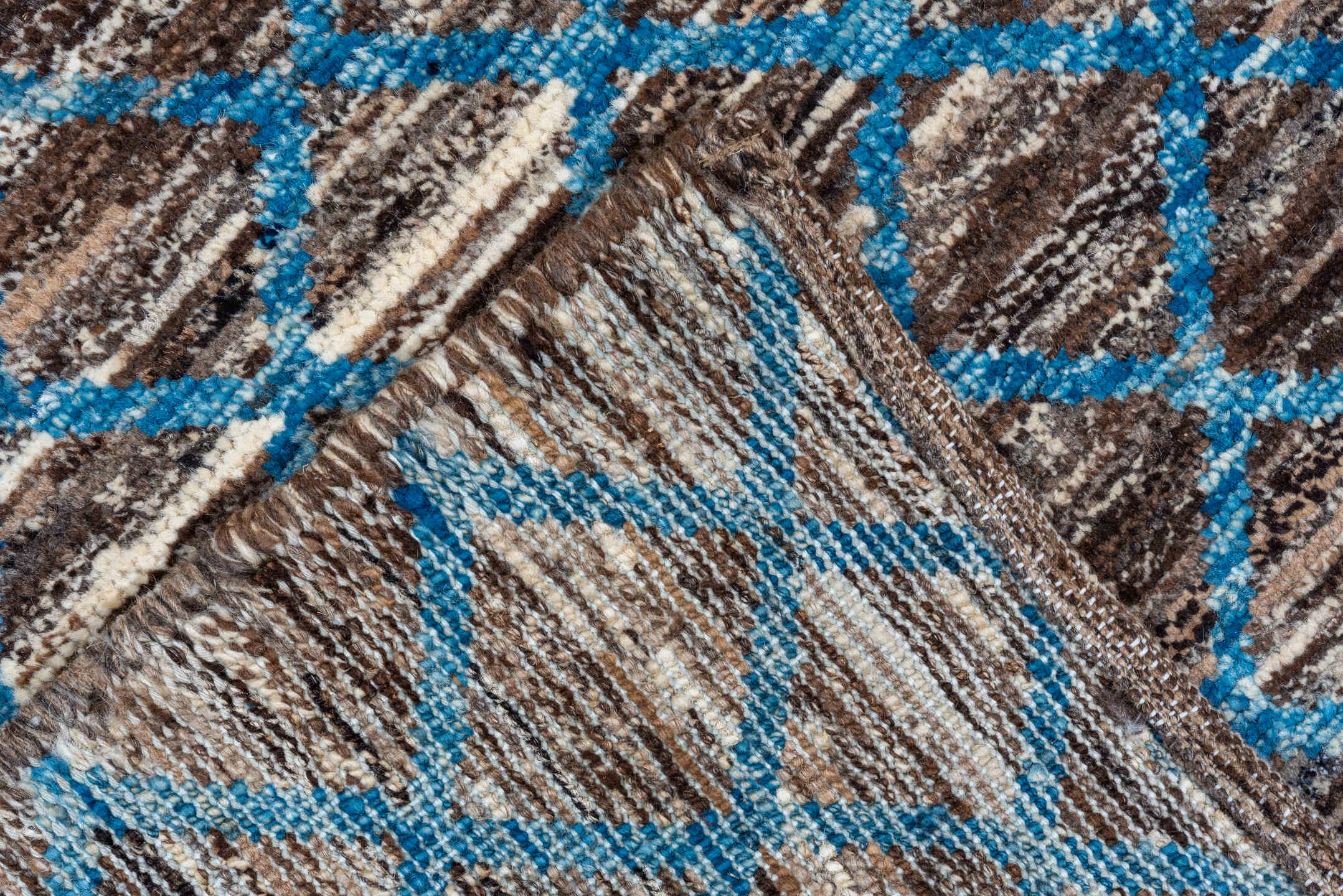 8' x 10' one-of-a-kind handmade vintage Tulu large size rug. Color palette: brown, ivory, blue, charcoal, taupe, gray, black