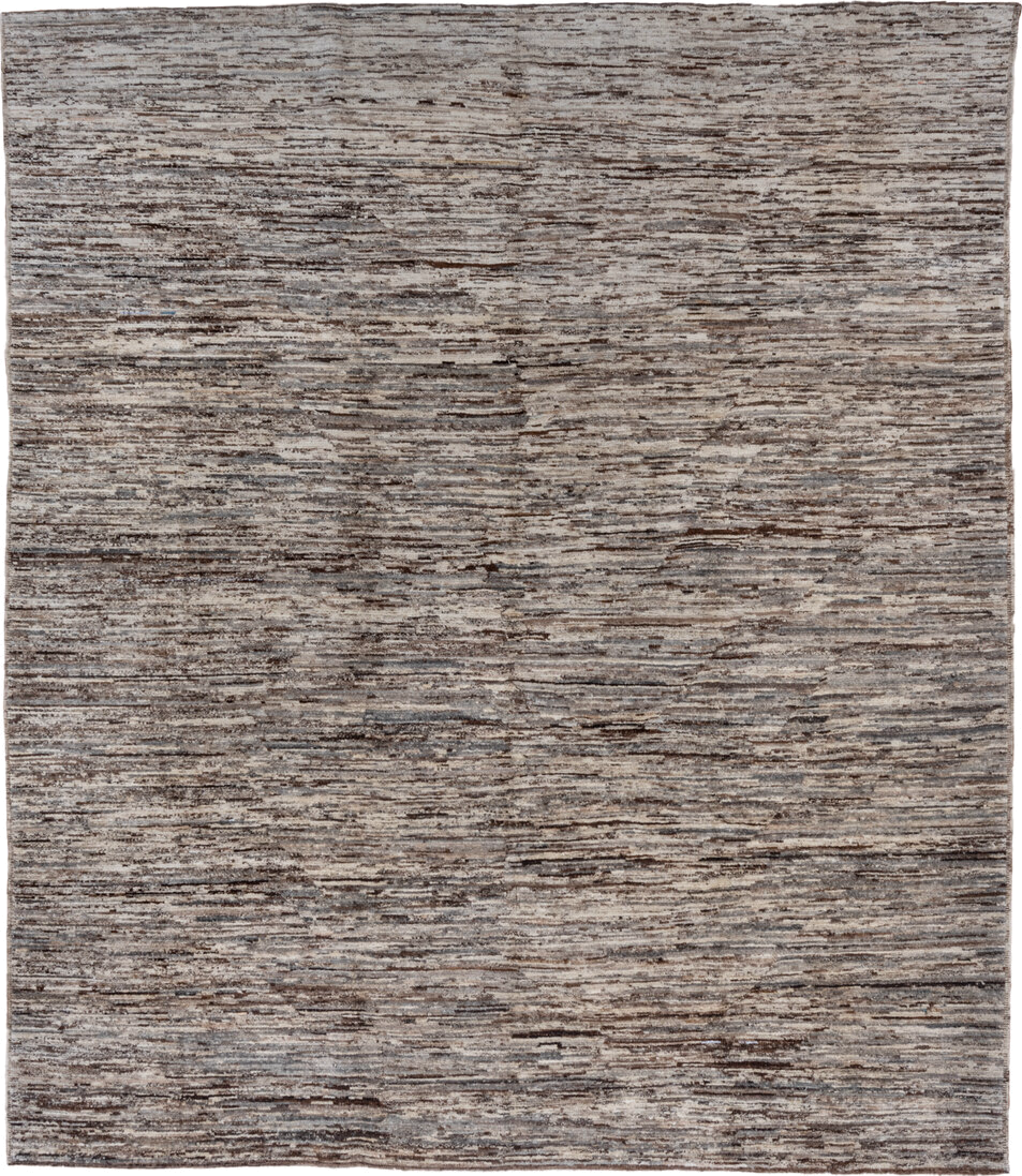 8' x 9' one-of-a-kind handmade vintage Tulu rug. Color palette: taupe, brown, ivory, gray, charcoal, beige, black