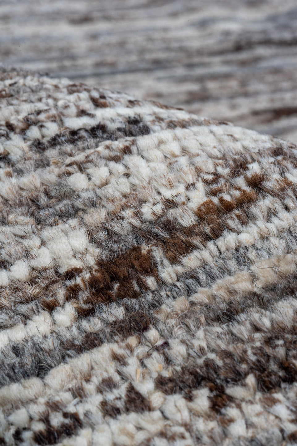 8' x 9' one-of-a-kind handmade vintage Tulu rug. Color palette: taupe, brown, ivory, gray, charcoal, beige, black