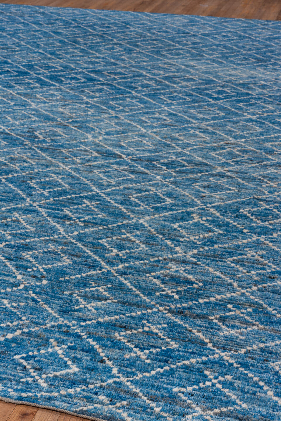 10' x 13' one-of-a-kind handmade vintage Tulu oversize rug. Color palette: azure, sky blue, ivory, cobalt, slate, light blue