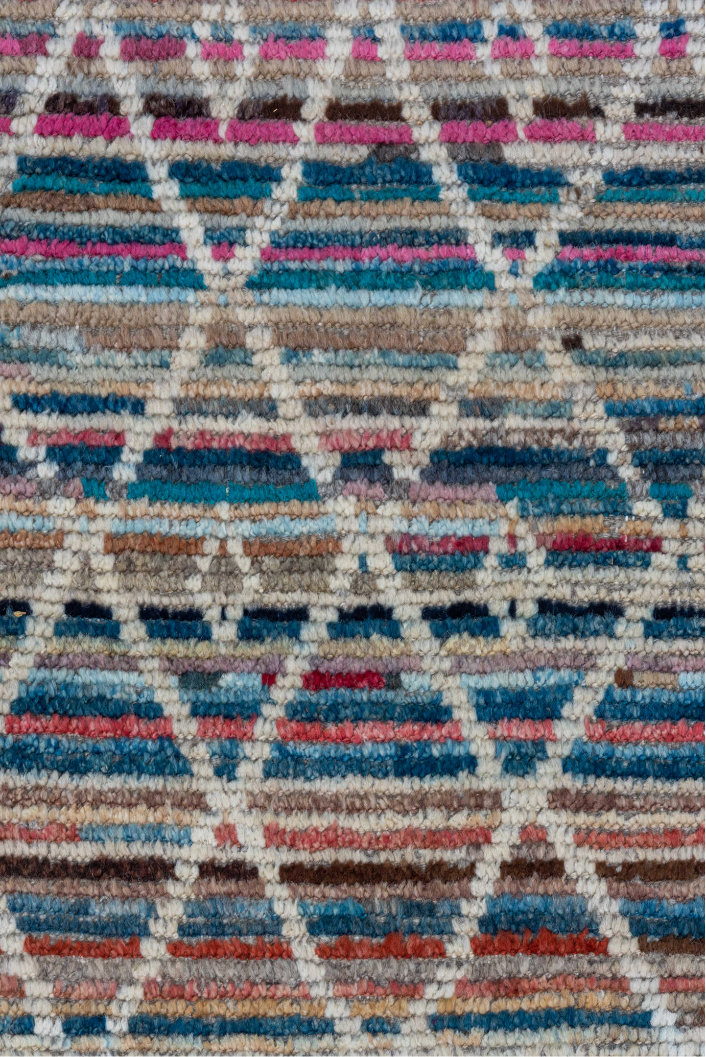 10' x 13' one-of-a-kind handmade vintage Tulu large size rug. Color palette: ivory, taupe, blue, rose, sky_blue, camel