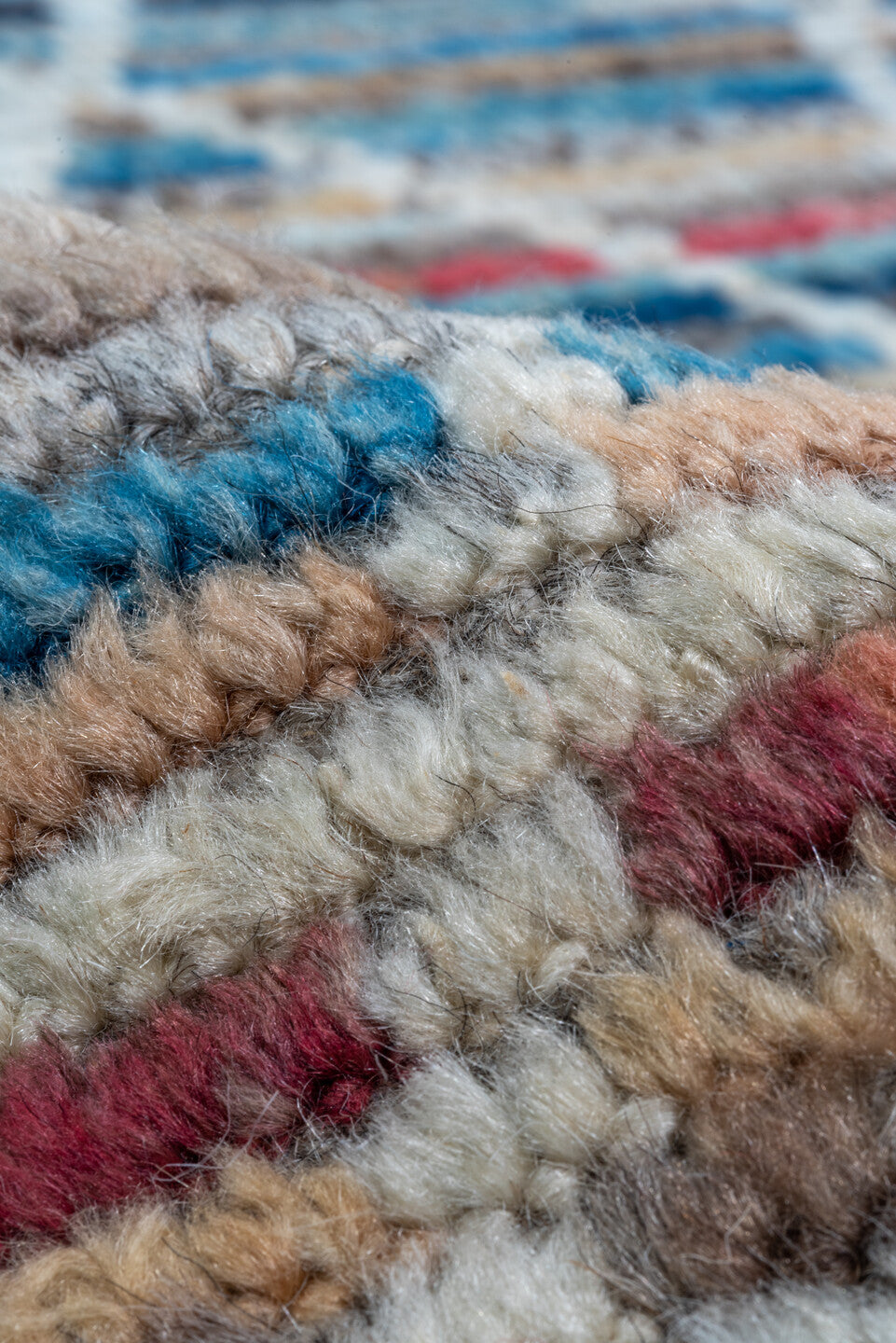 10' x 13' one-of-a-kind handmade vintage Tulu large size rug. Color palette: ivory, taupe, blue, rose, sky_blue, camel