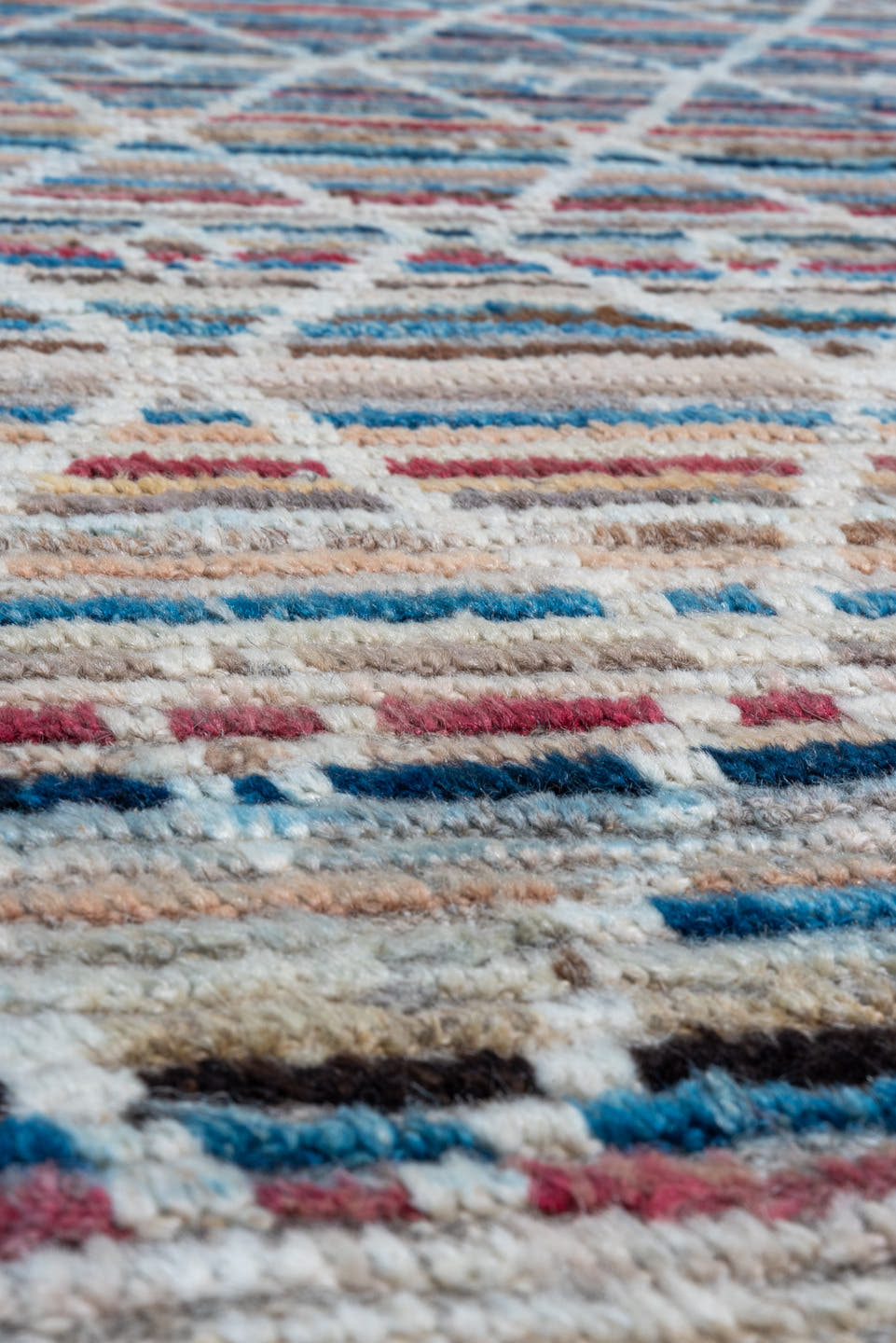 10' x 13' one-of-a-kind handmade vintage Tulu large size rug. Color palette: ivory, taupe, blue, rose, sky_blue, camel