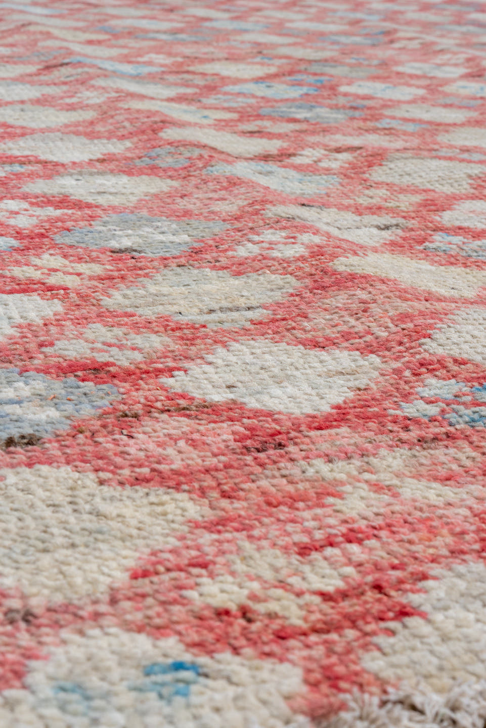 10' x 12' one-of-a-kind handmade vintage Tulu large size rug. Color palette: coral, ivory, powder_blue, rose, taupe, slate