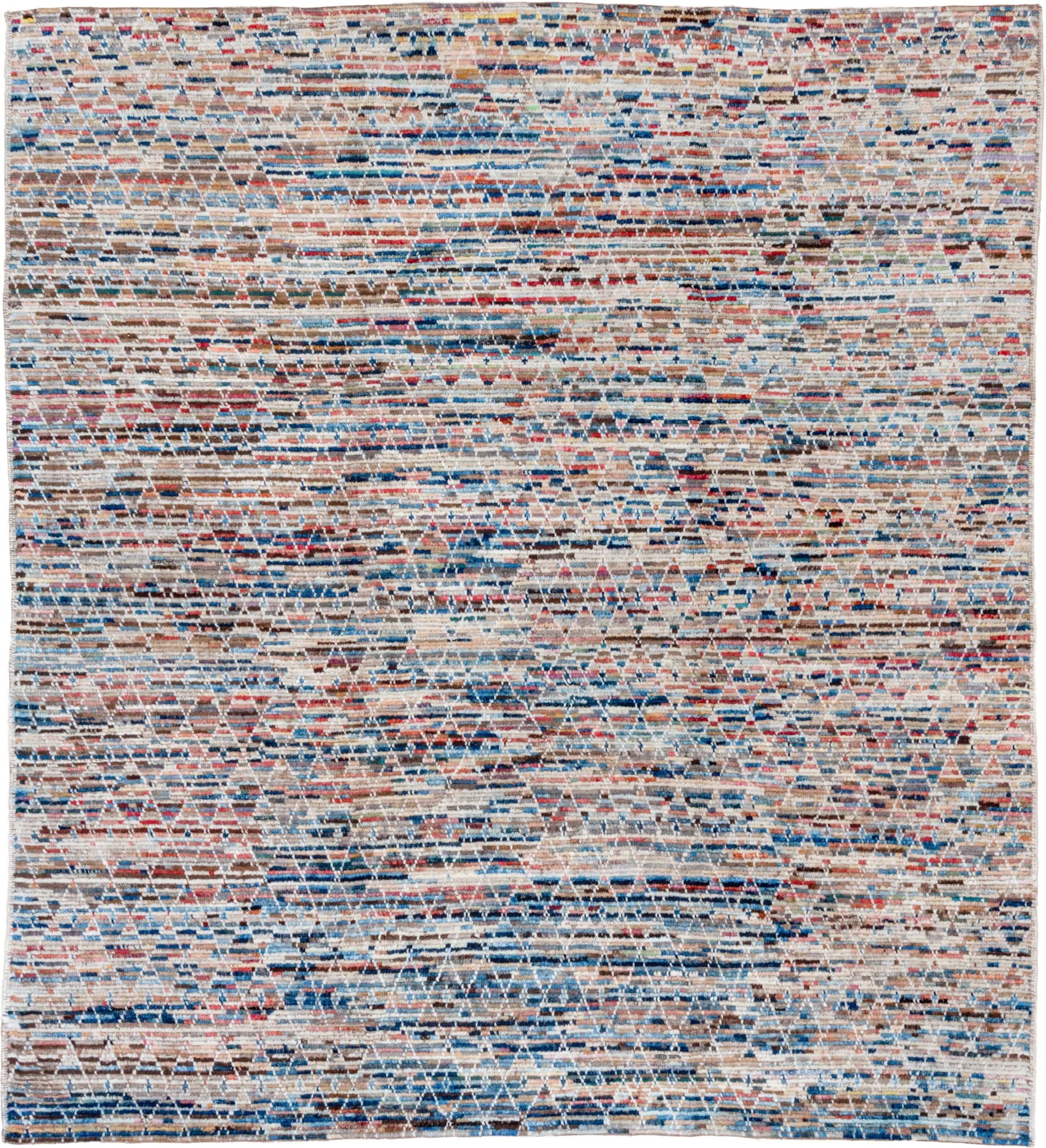 8' x 9' one-of-a-kind handmade vintage Tulu rug. Color palette: ivory, taupe, blue, rust, coral, brown, charcoal, beige