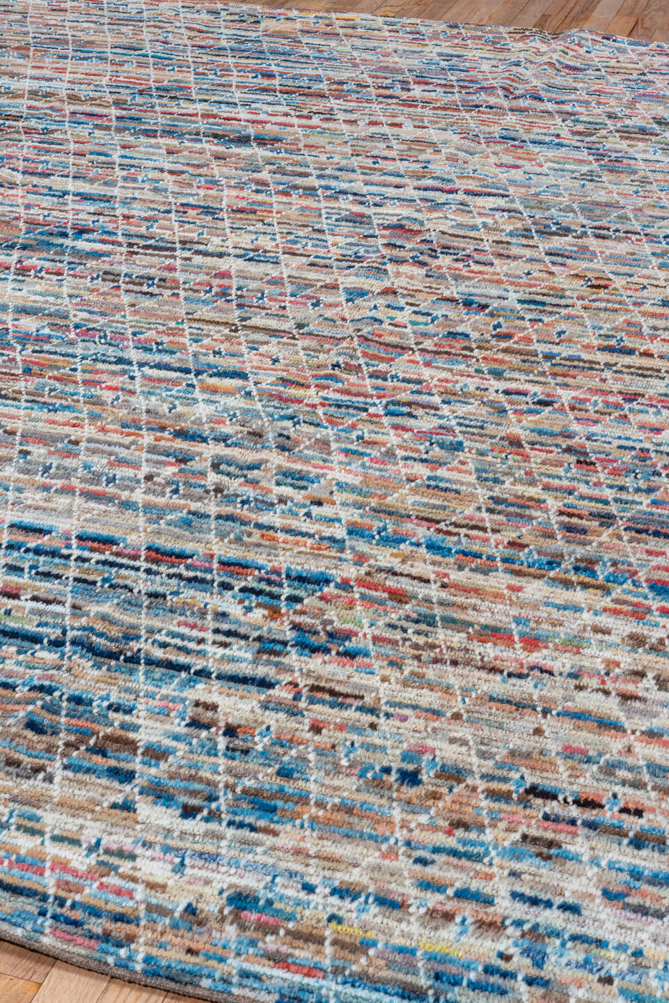 8' x 9' one-of-a-kind handmade vintage Tulu rug. Color palette: black, blue, brown, dark gray, gainsboro, gray, light gray