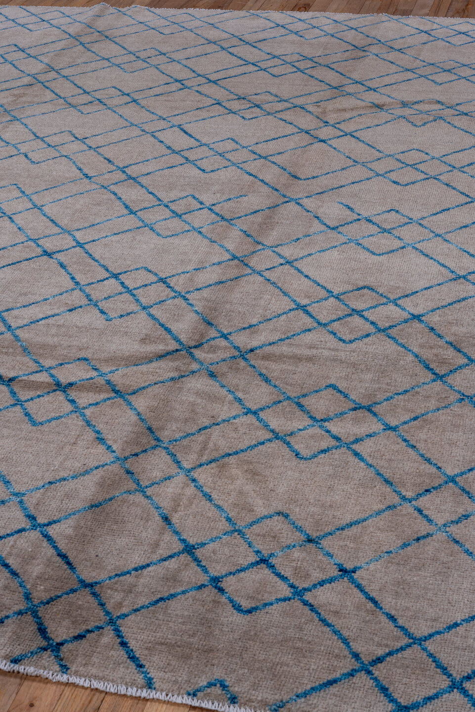 8' x 9' one-of-a-kind handmade vintage Tulu rug. Color palette: taupe, blue, ivory, beige, gray
