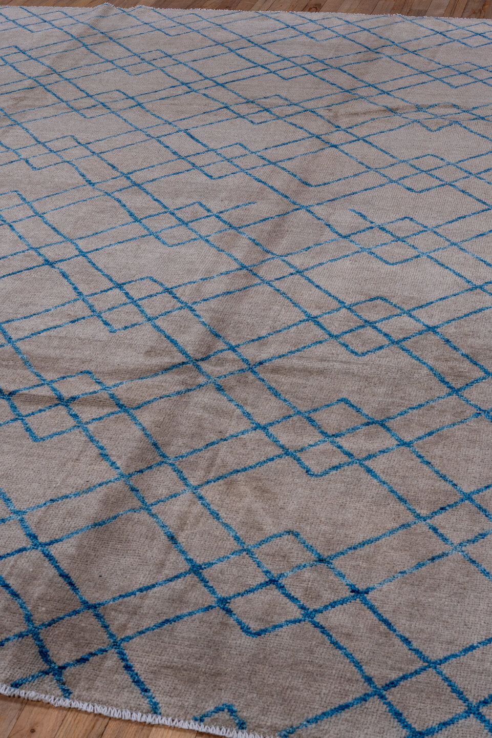 8' x 9' one-of-a-kind handmade vintage Tulu rug. Color palette: blue, dark gray, gray, light blue, light gray, off-white