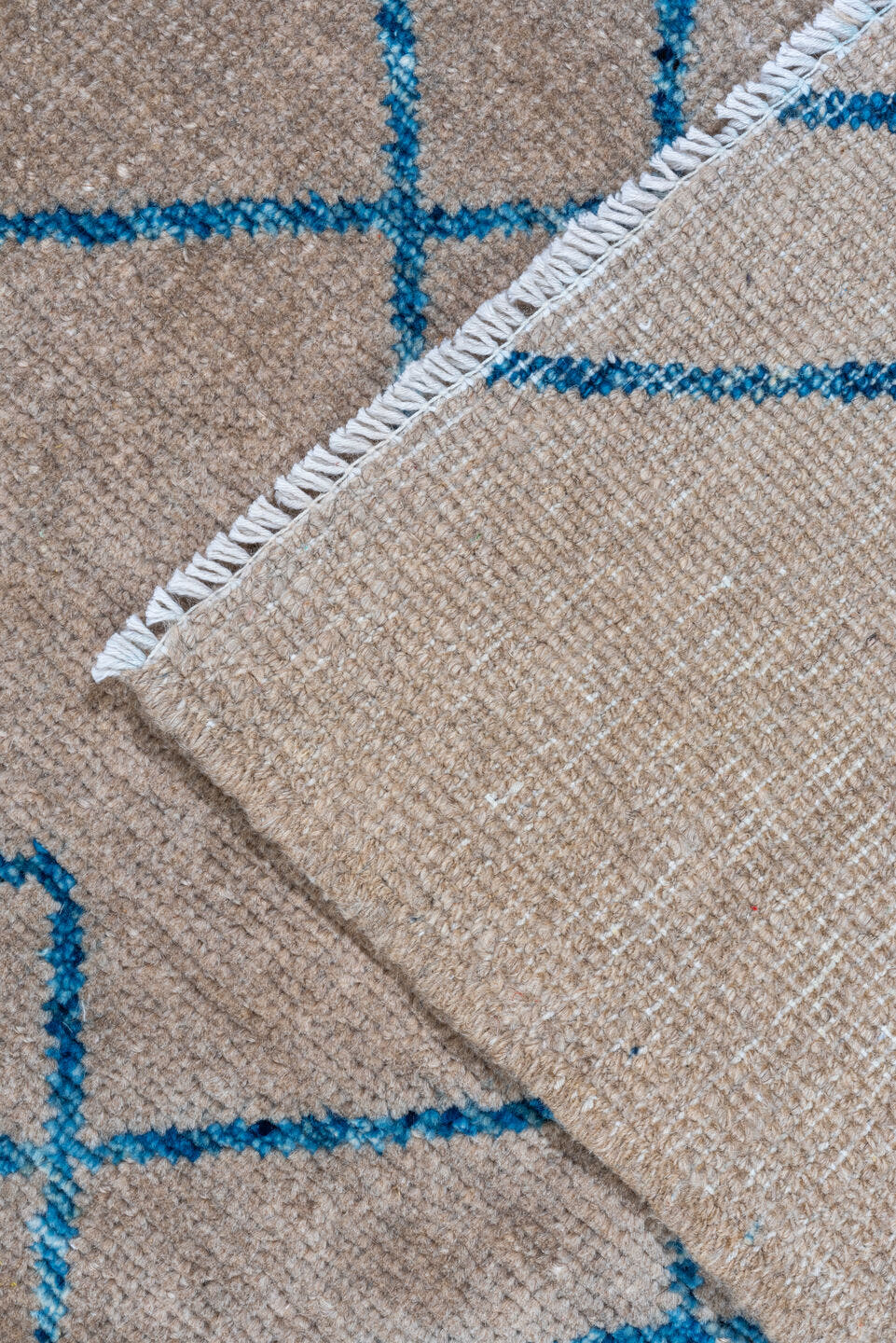 8' x 9' one-of-a-kind handmade vintage Tulu rug. Color palette: taupe, blue, ivory, beige, gray