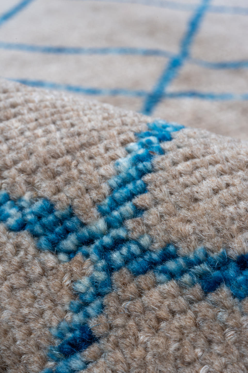 8' x 9' one-of-a-kind handmade vintage Tulu rug. Color palette: taupe, blue, ivory, beige, gray
