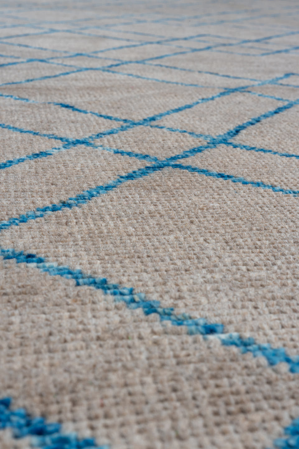 8' x 9' one-of-a-kind handmade vintage Tulu rug. Color palette: taupe, blue, ivory, beige, gray