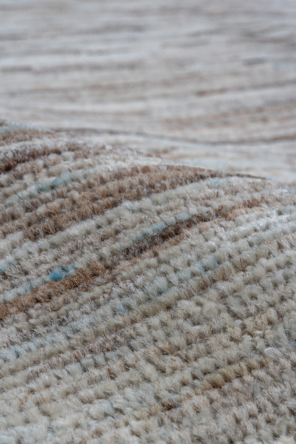 10' x 13' one-of-a-kind handmade vintage Tulu large size rug. Color palette: ivory, taupe, camel, light blue, brown, beige