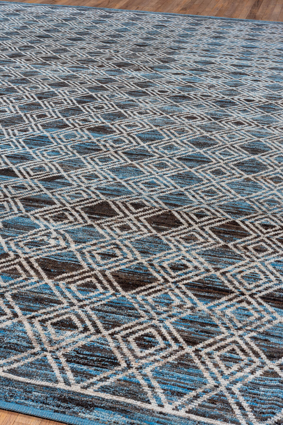 10' x 13' one-of-a-kind handmade vintage Tulu large size rug. Color palette: blue, ivory, charcoal, slate, gray, black