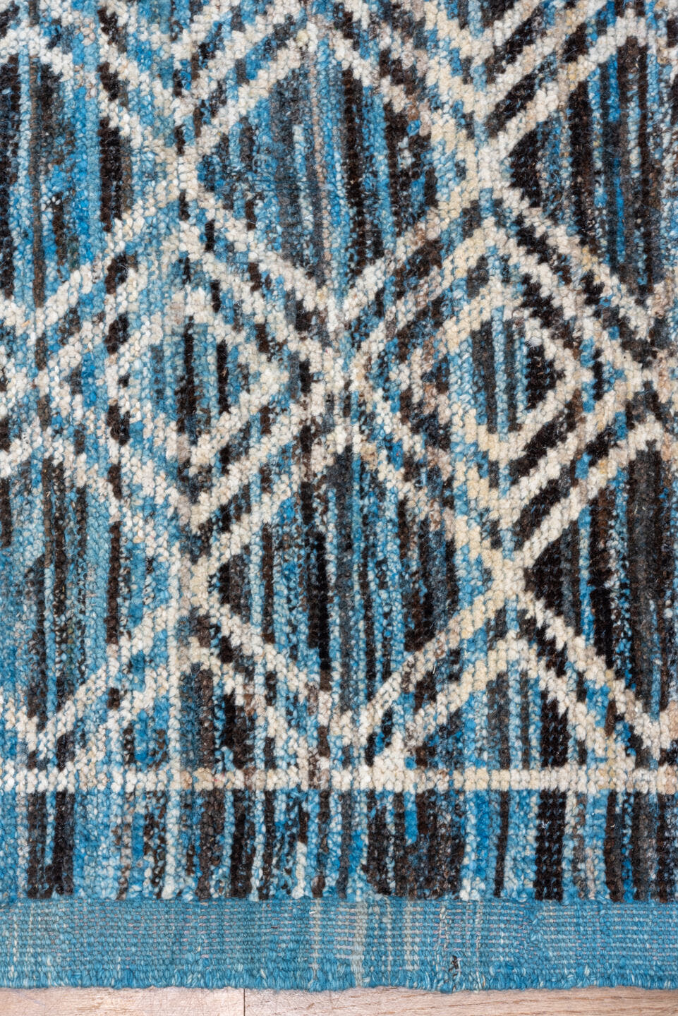 10' x 13' one-of-a-kind handmade vintage Tulu large size rug. Color palette: blue, ivory, charcoal, slate, gray, black