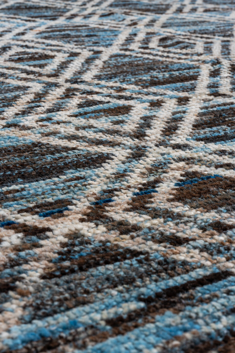 10' x 13' one-of-a-kind handmade vintage Tulu large size rug. Color palette: blue, ivory, charcoal, slate, gray, black