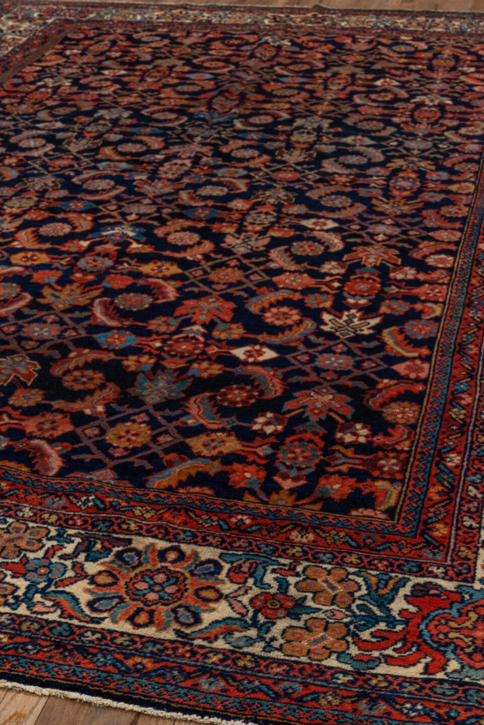 8' x 12' one-of-a-kind handmade vintage Mahal large size rug. Color palette: blue, brown, dark slate gray, fire brick, gray