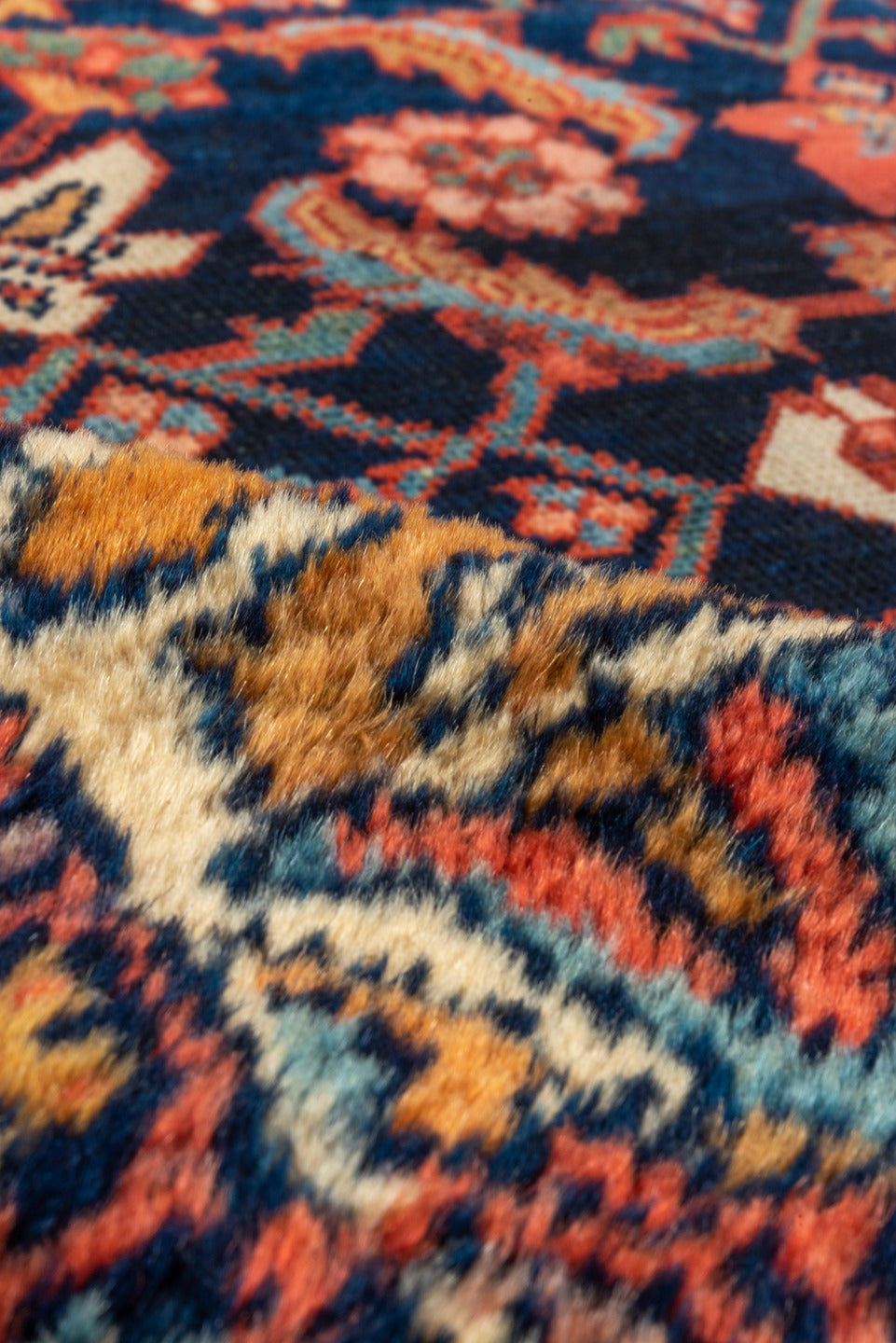 8' x 12' one-of-a-kind handmade vintage Mahal large size rug. Color palette: blue, brown, dark slate gray, fire brick, gray