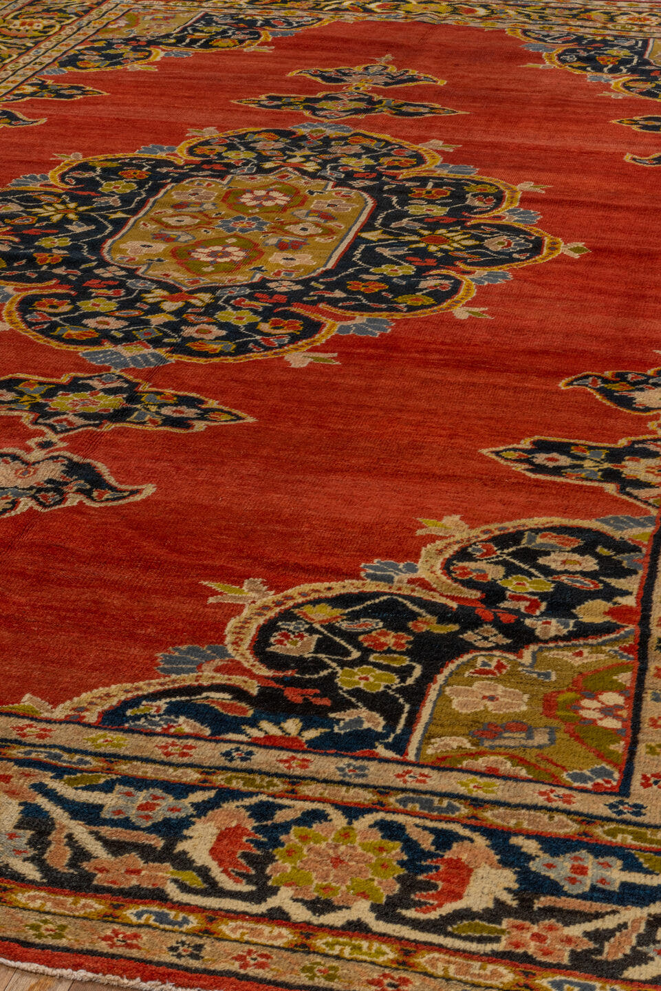 9' x 13' one-of-a-kind handmade vintage Sultanabad large size rug. Color palette: crimson, navy, ivory, gold, camel, slate