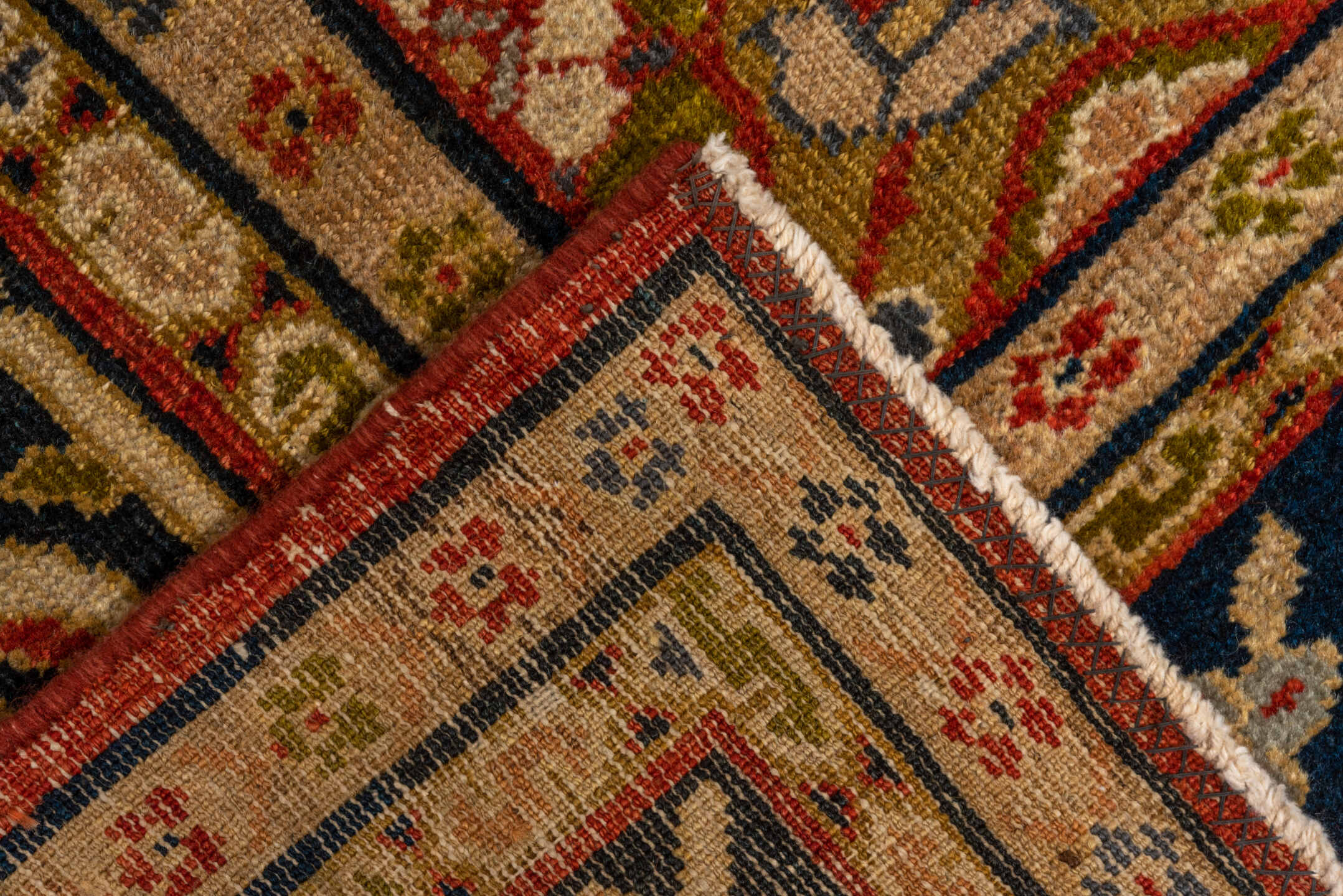 9' x 13' one-of-a-kind handmade vintage Sultanabad large size rug. Color palette: crimson, navy, ivory, gold, camel, slate