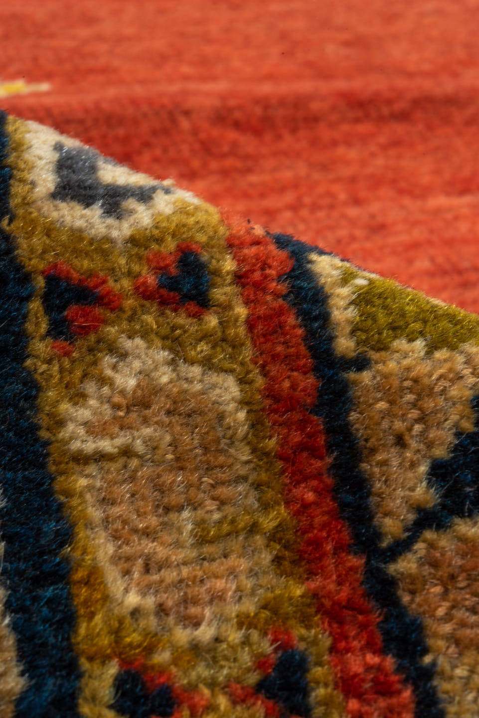 9' x 13' one-of-a-kind handmade vintage Sultanabad large size rug. Color palette: crimson, navy, ivory, gold, camel, slate