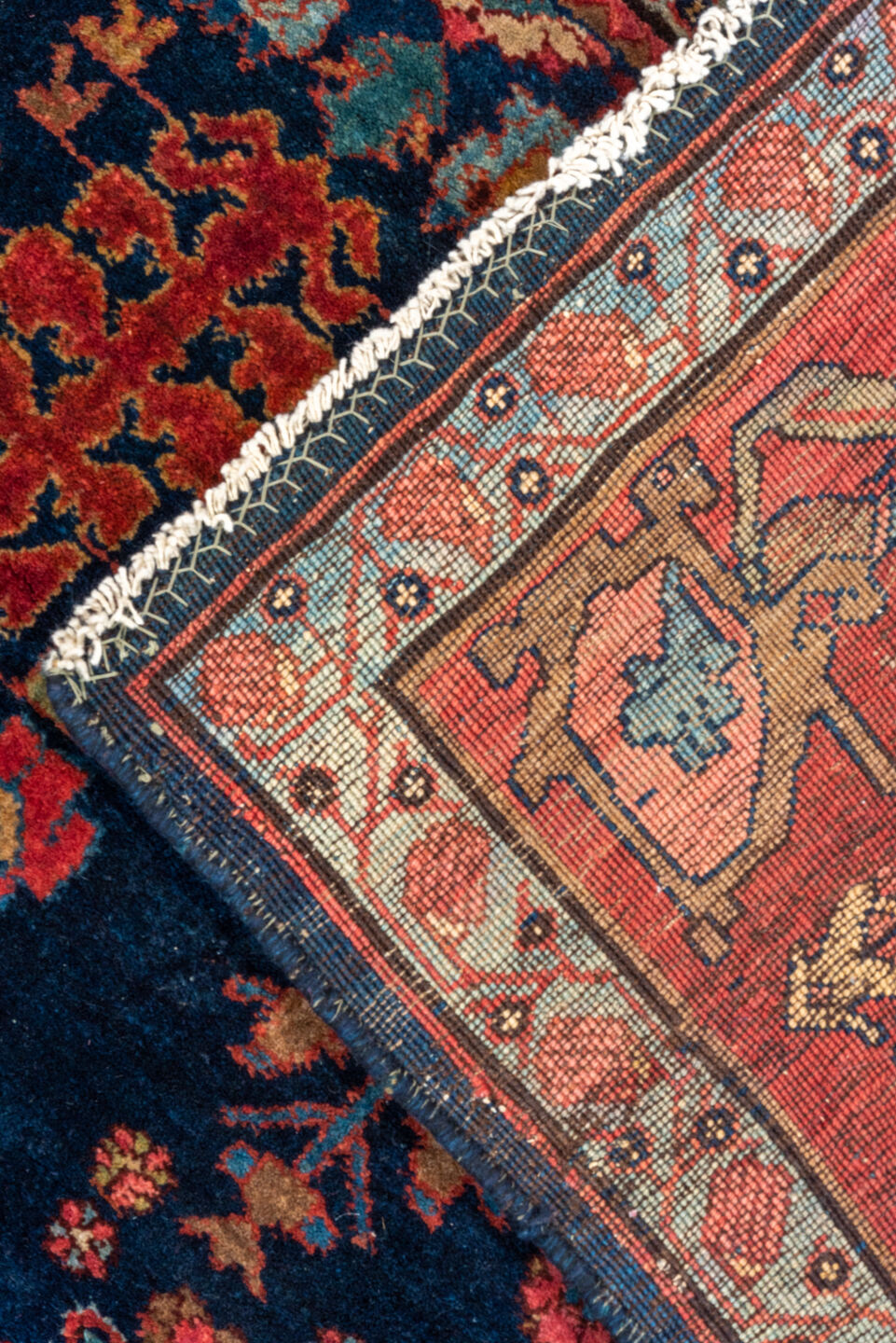 6' x 9' one-of-a-kind handmade vintage Bidjar medium size rug. Color palette: blue, brown, gray, off-white, red, snow, white