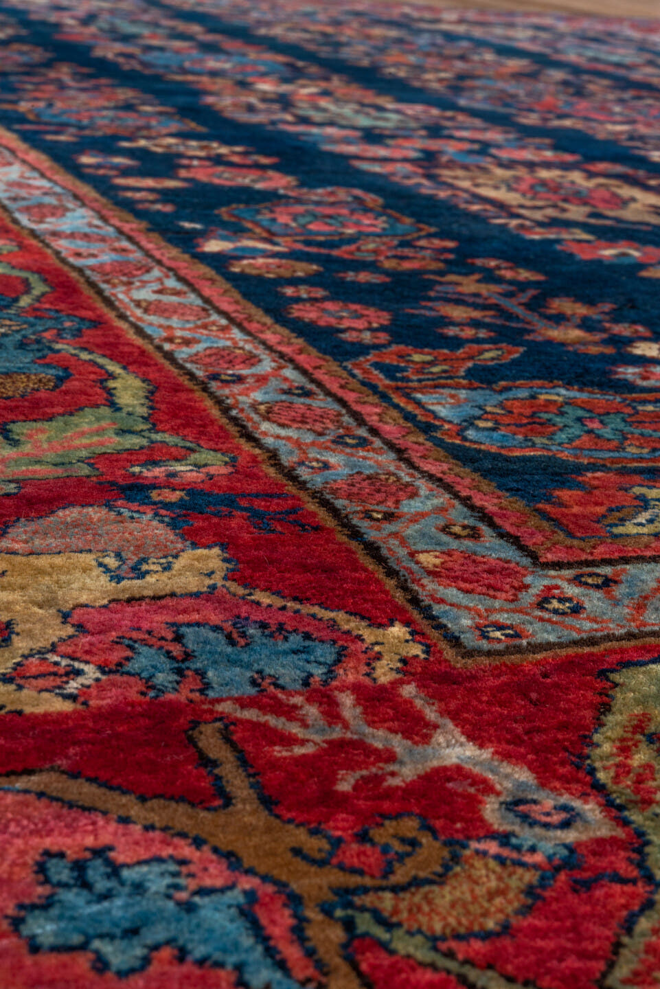 6' x 9' one-of-a-kind handmade vintage Bidjar medium size rug. Color palette: navy, rust, crimson, ivory, cobalt, rose