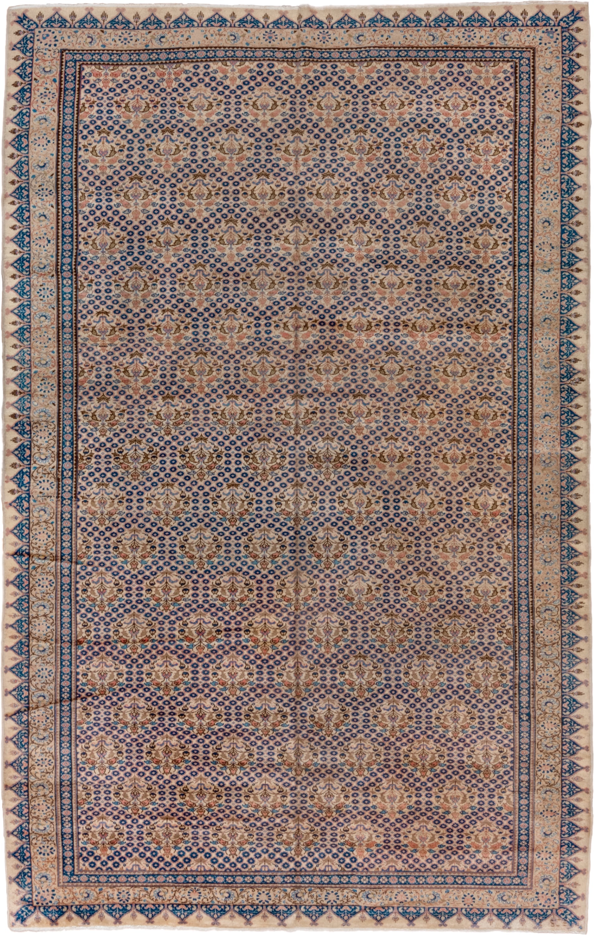 7' x 12' one-of-a-kind handmade vintage Sivas large size rug. Color palette: ivory, navy, beige, camel, taupe, slate, rose