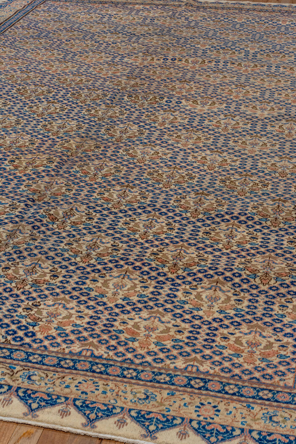 7' x 12' one-of-a-kind handmade vintage Sivas large size rug. Color palette: ivory, navy, beige, camel, taupe, slate, rose
