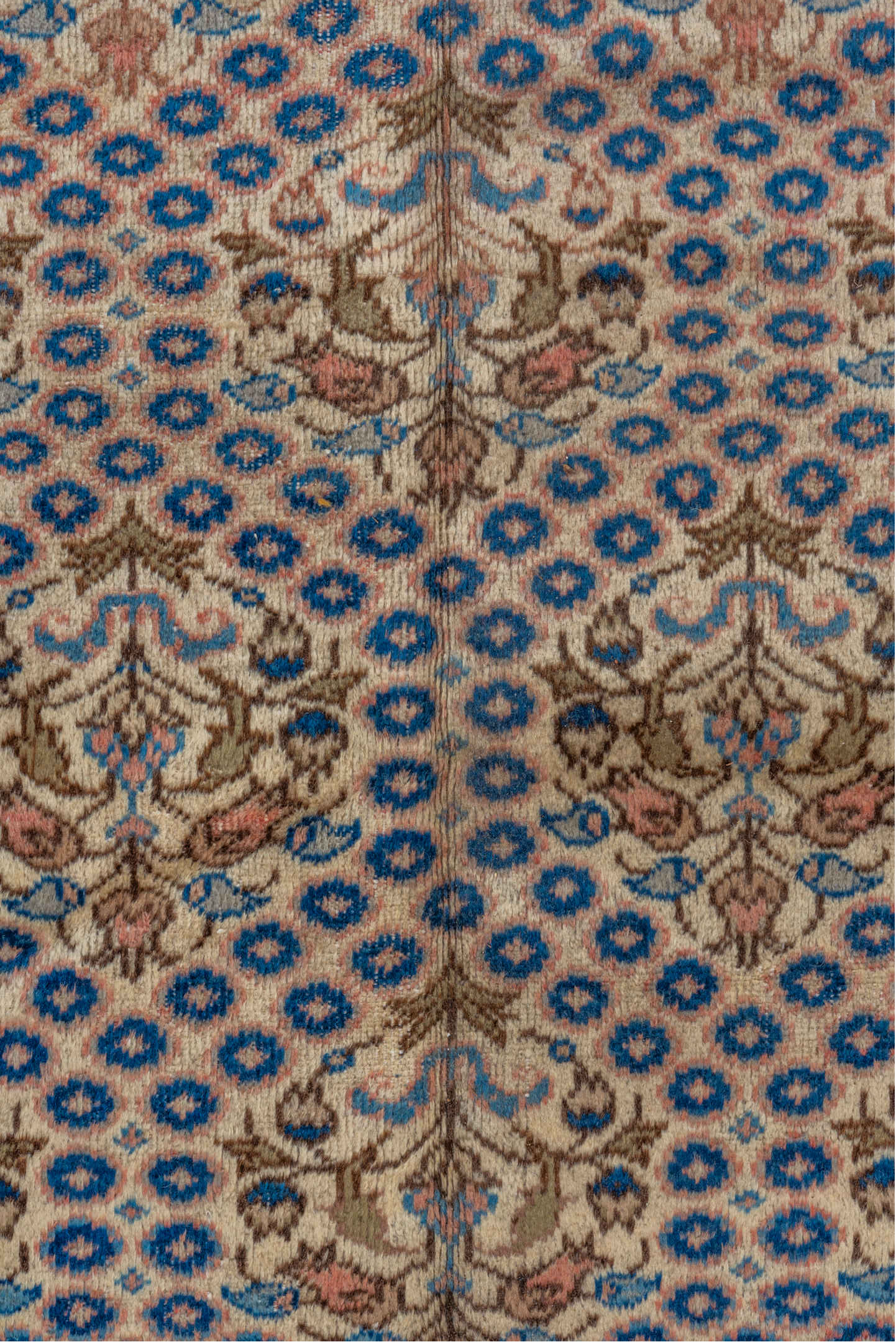 7' x 12' one-of-a-kind handmade vintage Sivas large size rug. Color palette: ivory, navy, beige, camel, taupe, slate, rose