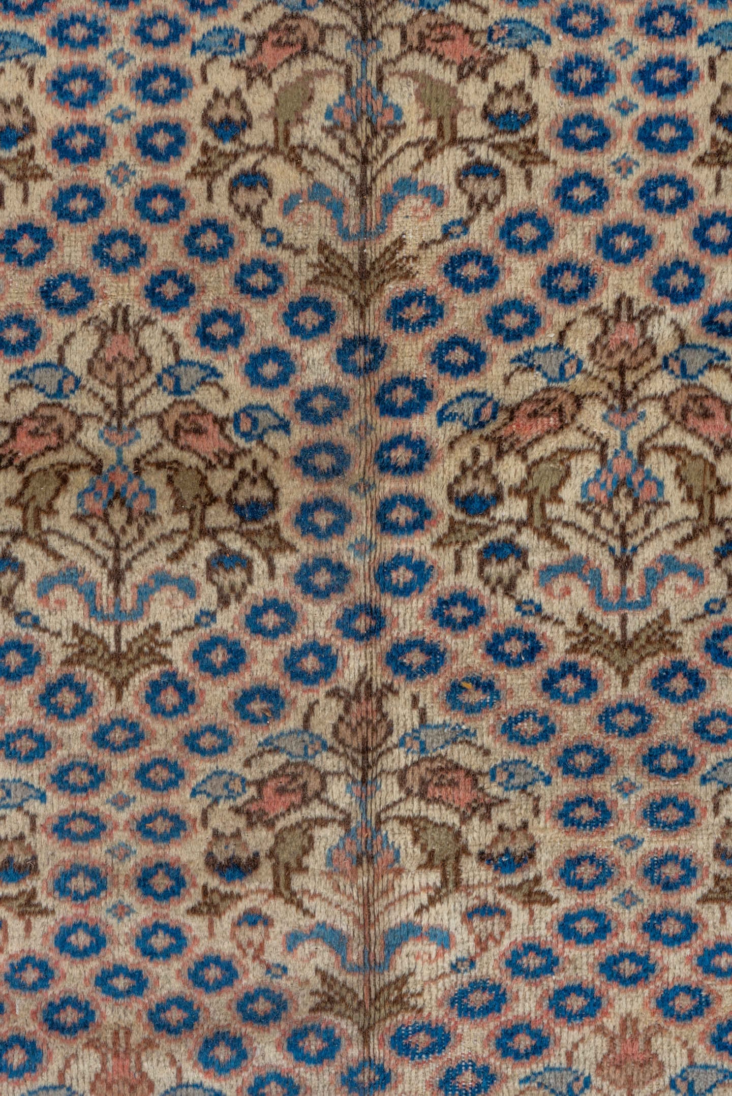 7' x 12' one-of-a-kind handmade vintage Sivas large size rug. Color palette: ivory, navy, beige, camel, taupe, slate, rose