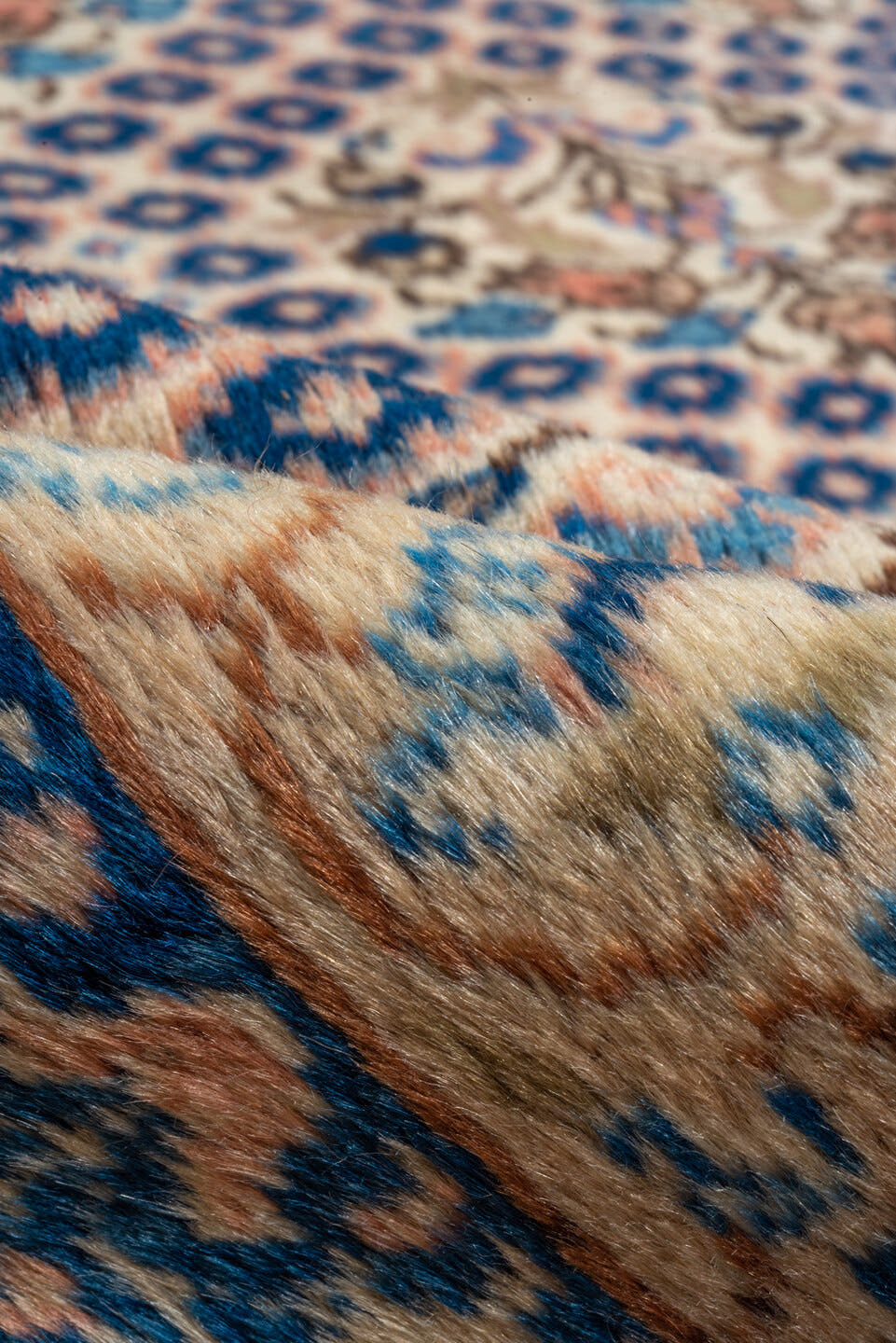 7' x 12' one-of-a-kind handmade vintage Sivas large size rug. Color palette: ivory, navy, beige, camel, taupe, slate, rose
