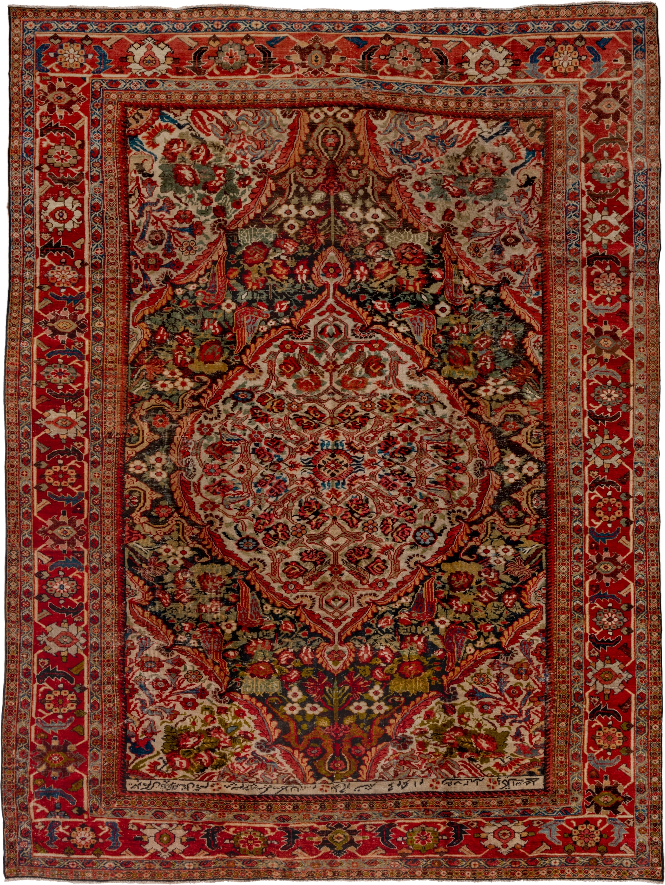 10' x 13' one-of-a-kind handmade vintage Sultanabad large size rug. Color palette: rust, ivory, charcoal, crimson, olive