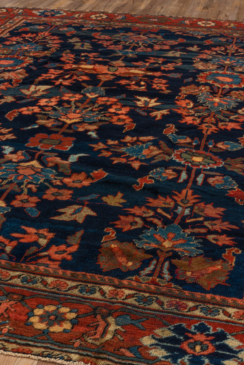 9' x 12' one-of-a-kind handmade vintage Mahal large size rug. Color palette: navy, rust, coral, teal, ivory, slate, rose