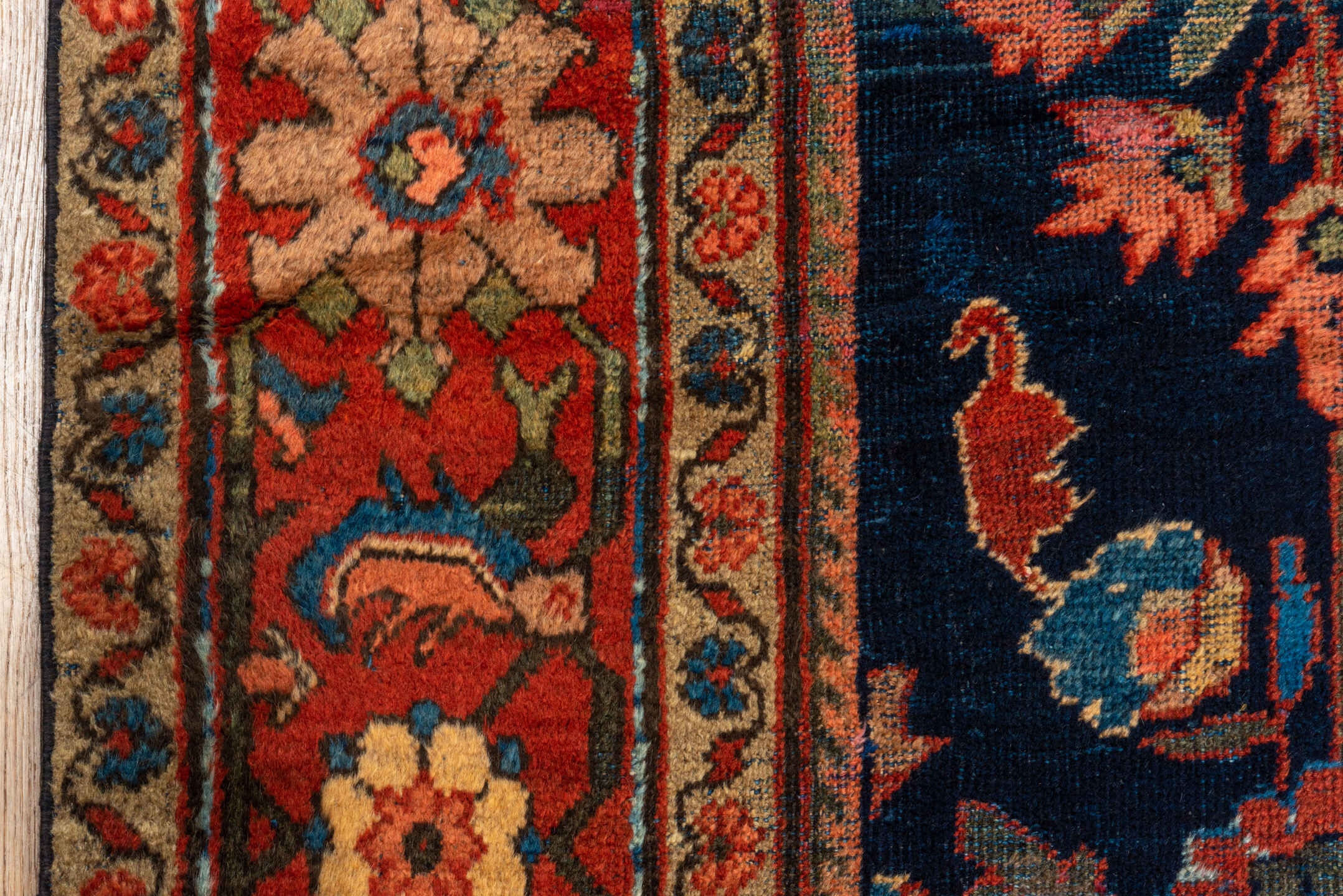 9' x 12' one-of-a-kind handmade vintage Mahal large size rug. Color palette: navy, rust, coral, teal, ivory, slate, rose