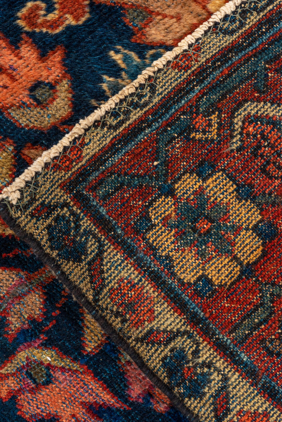 9' x 12' one-of-a-kind handmade vintage Mahal large size rug. Color palette: navy, rust, coral, teal, ivory, slate, rose