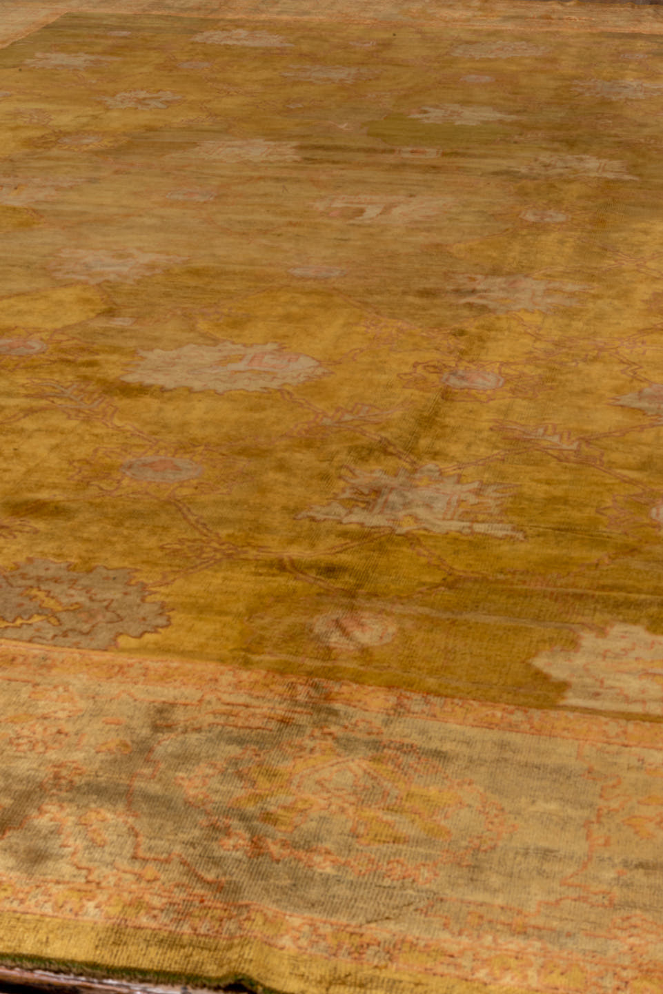14' x 18' one-of-a-kind handmade vintage Oushak oversize rug. Color palette: terra cotta, camel, ivory, blush, sage, ochre