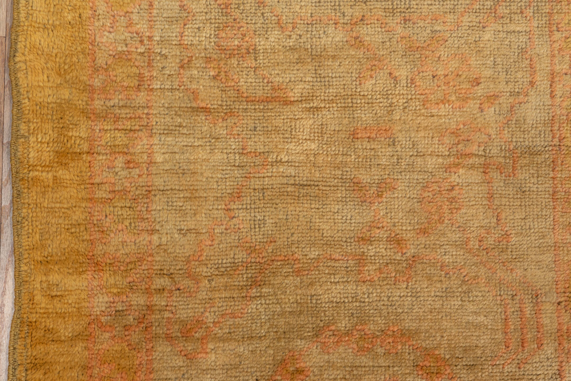 14' x 18' one-of-a-kind handmade vintage Oushak oversize rug. Color palette: terra cotta, camel, ivory, blush, sage, ochre