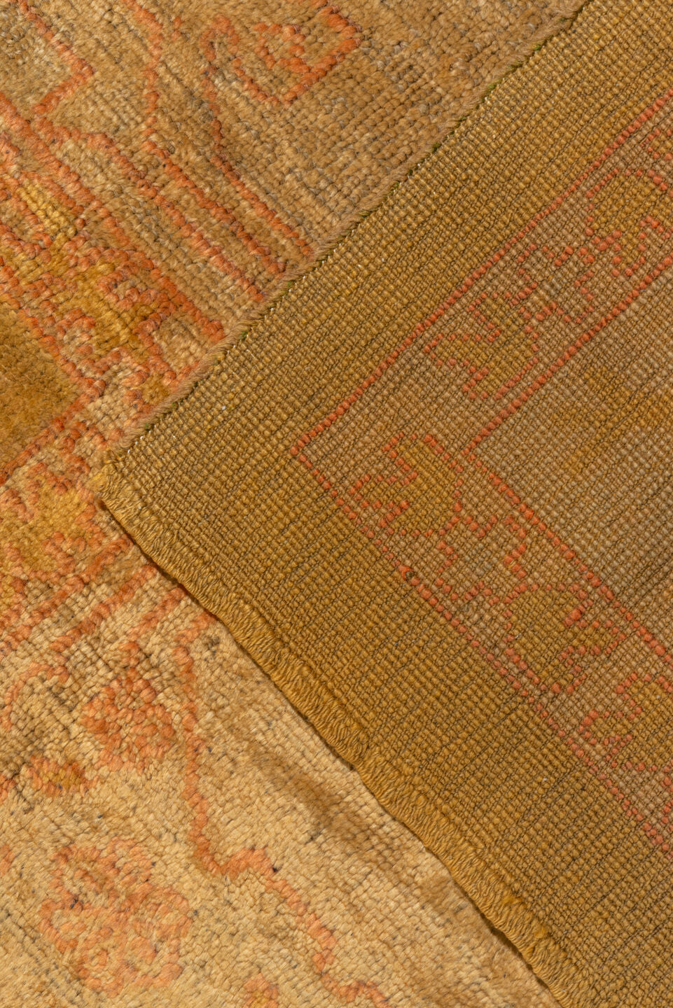 14' x 18' one-of-a-kind handmade vintage Oushak oversize rug. Color palette: terra cotta, camel, ivory, blush, sage, ochre