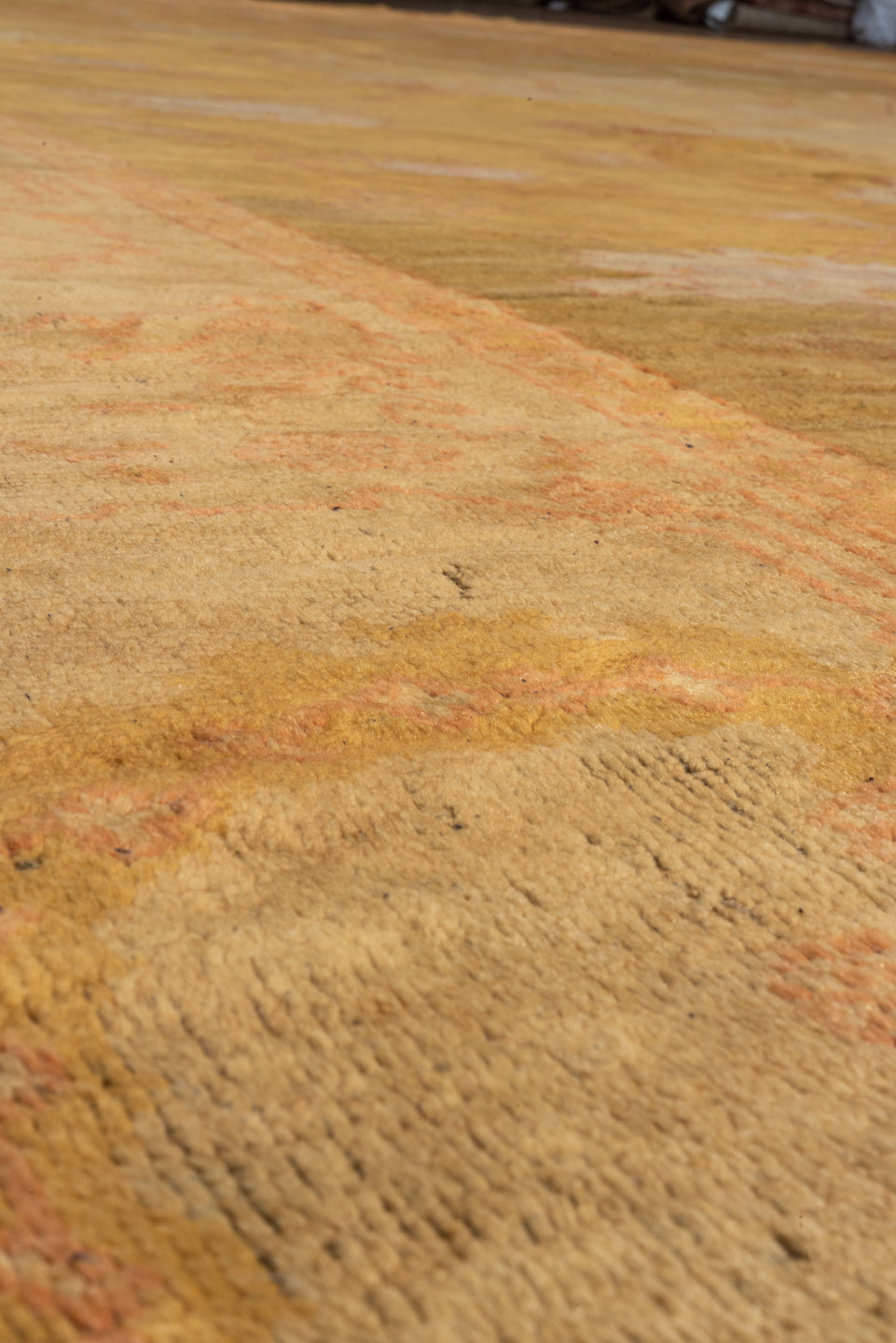 14' x 18' one-of-a-kind handmade vintage Oushak oversize rug. Color palette: terra cotta, camel, ivory, blush, sage, ochre