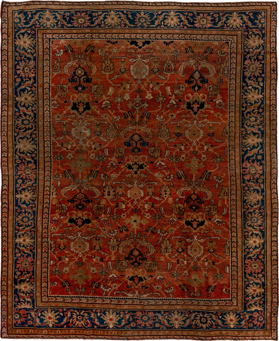8' x 10' one-of-a-kind handmade vintage Sultanabad large size rug. Color palette: black, brown, charcoal, gray, red, redwood