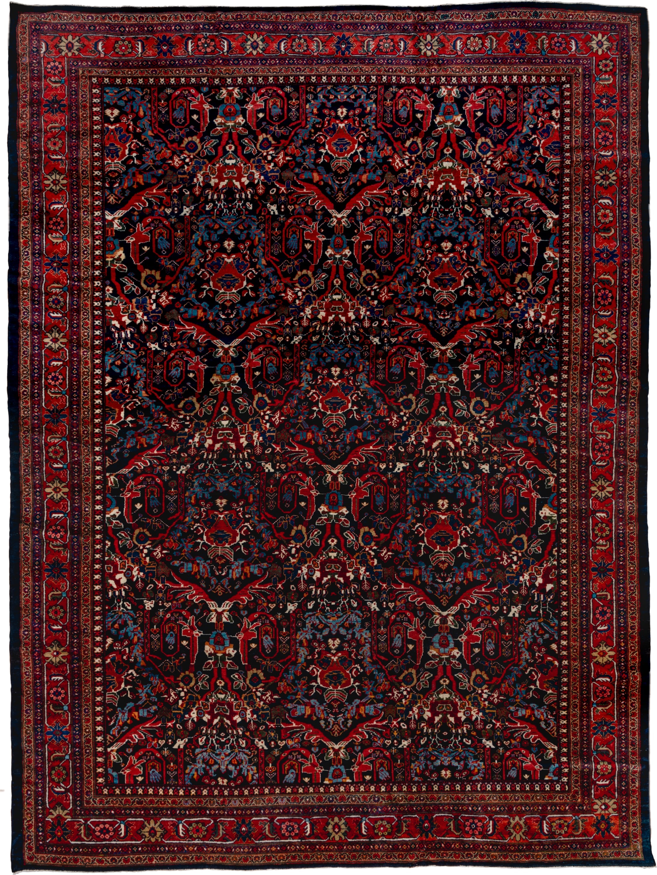 12' x 17' one-of-a-kind handmade vintage Mahal oversize rug. Color palette: navy, rust, crimson, ivory, cobalt, charcoal