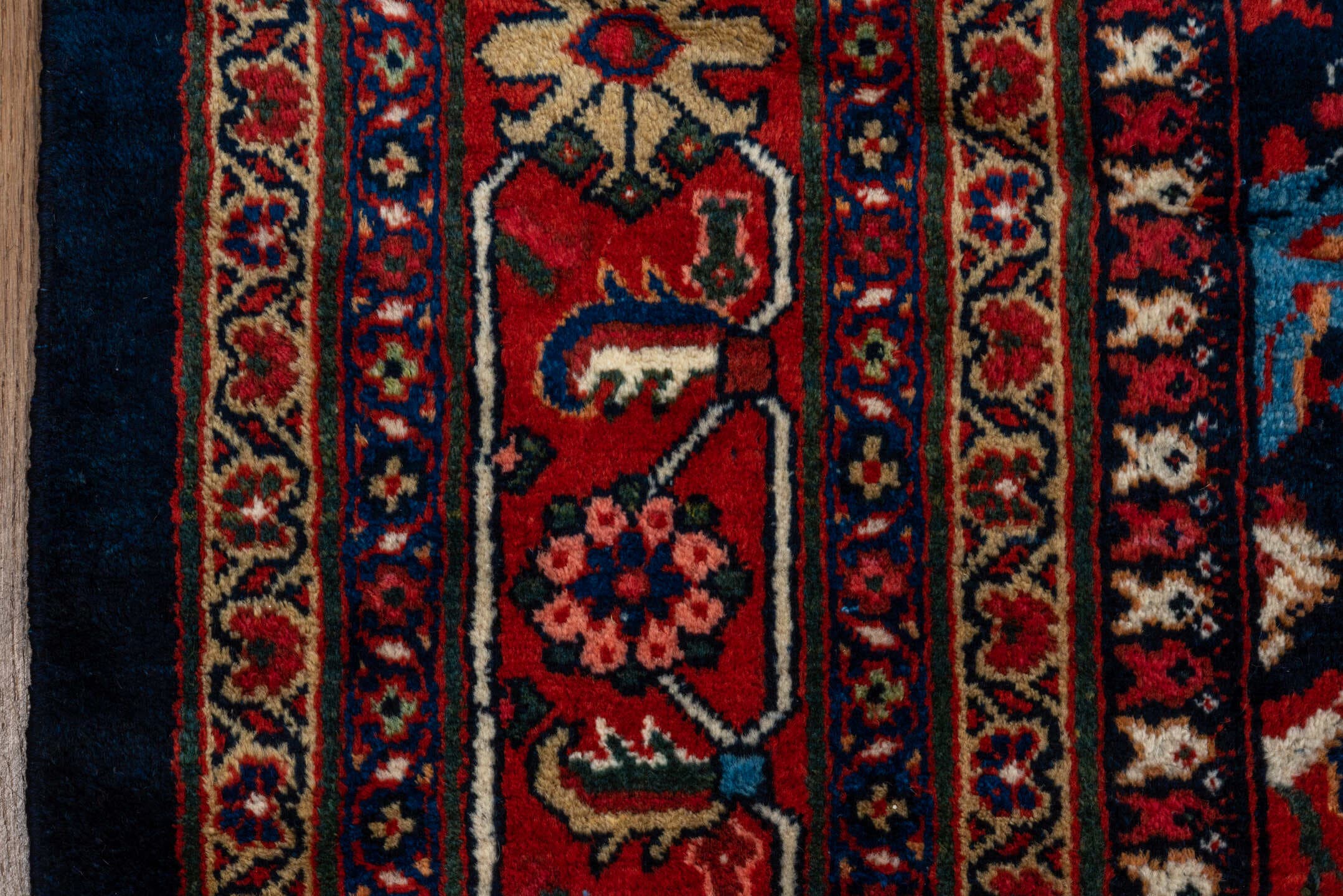 12' x 17' one-of-a-kind handmade vintage Mahal oversize rug. Color palette: navy, rust, crimson, ivory, cobalt, charcoal