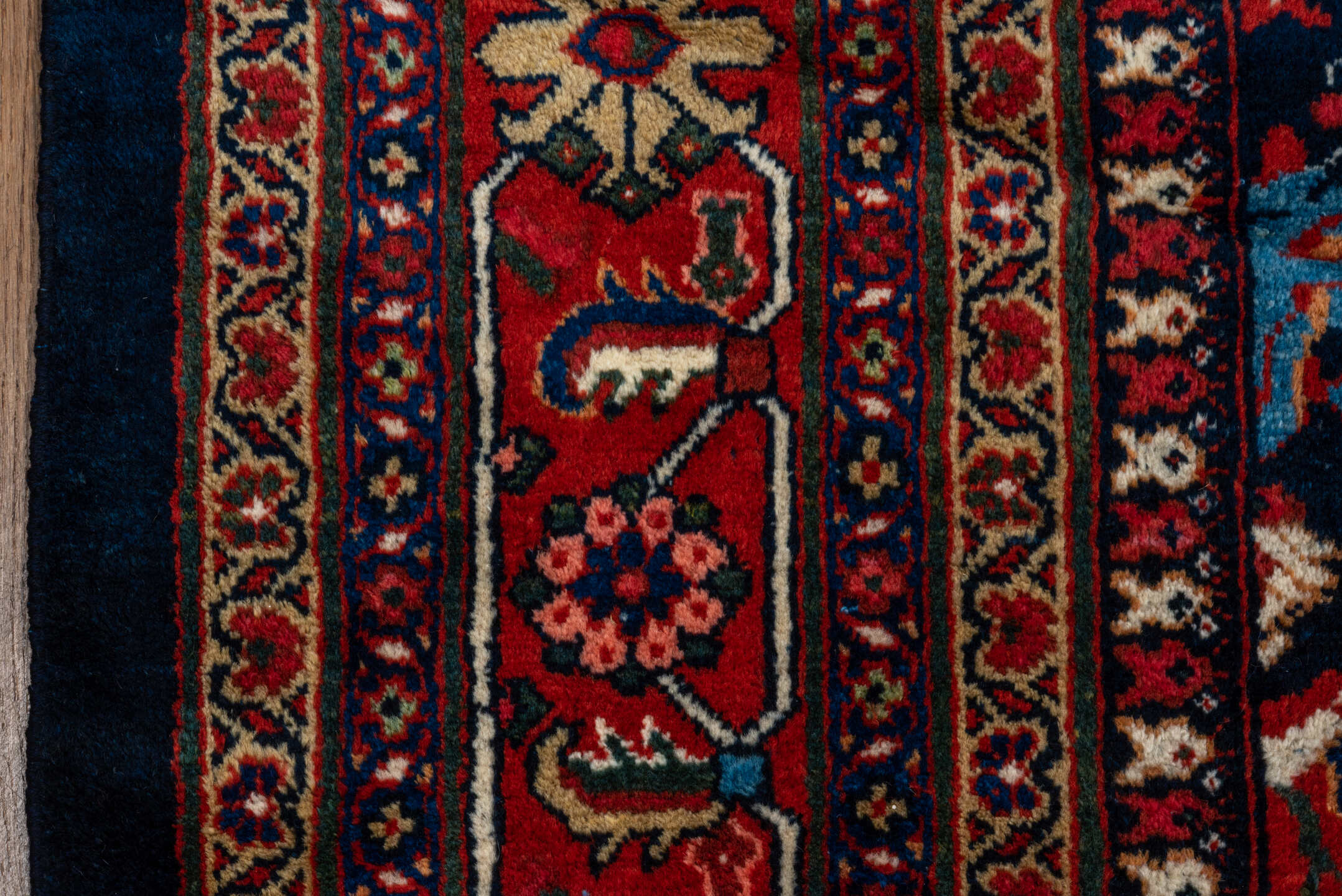 12' x 17' one-of-a-kind handmade vintage Mahal oversize rug. Color palette: navy, rust, crimson, ivory, cobalt, charcoal