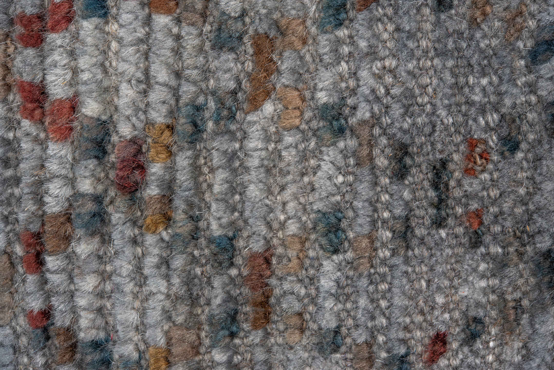 8' x 9' one-of-a-kind handmade vintage Tulu rug. Color palette: blue-gray, slate, rust, charcoal, taupe, gray, blue