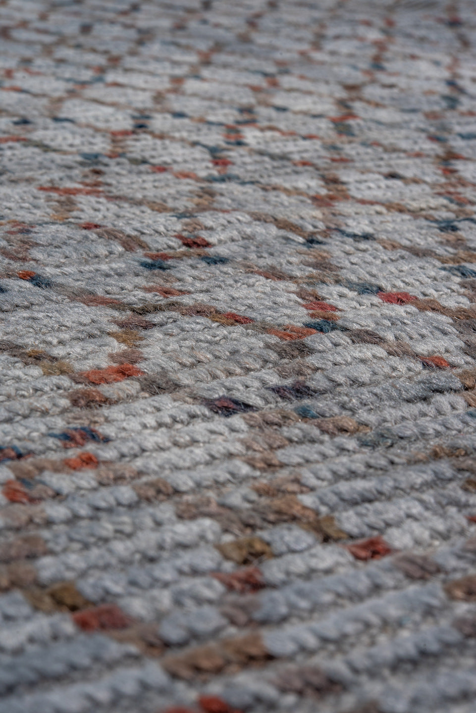 8' x 9' one-of-a-kind handmade vintage Tulu rug. Color palette: blue-gray, slate, rust, charcoal, taupe, gray, blue