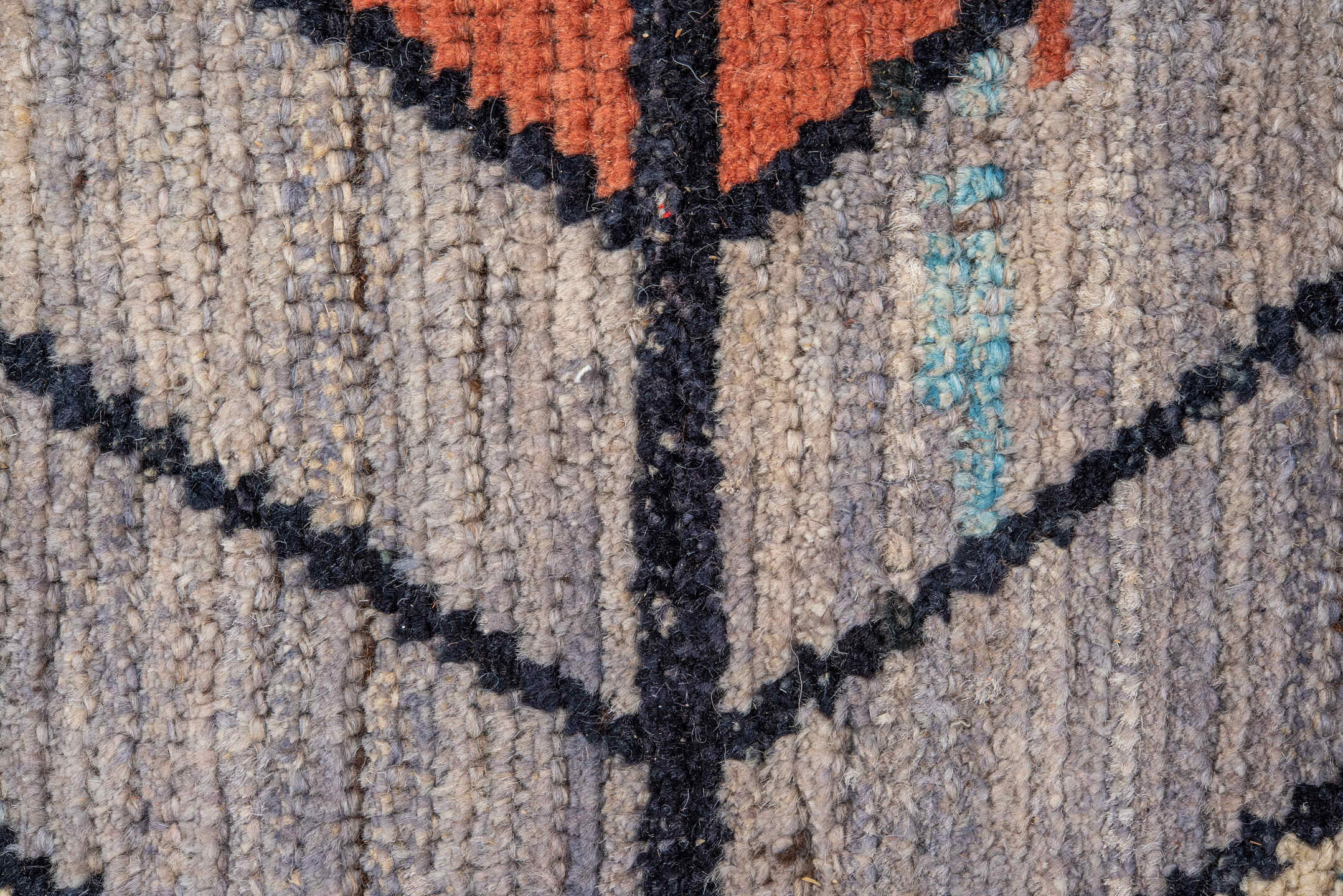 9' x 12' one-of-a-kind handmade vintage Tulu large size rug. Color palette: terra cotta, ivory, rust, peach, gold, violet