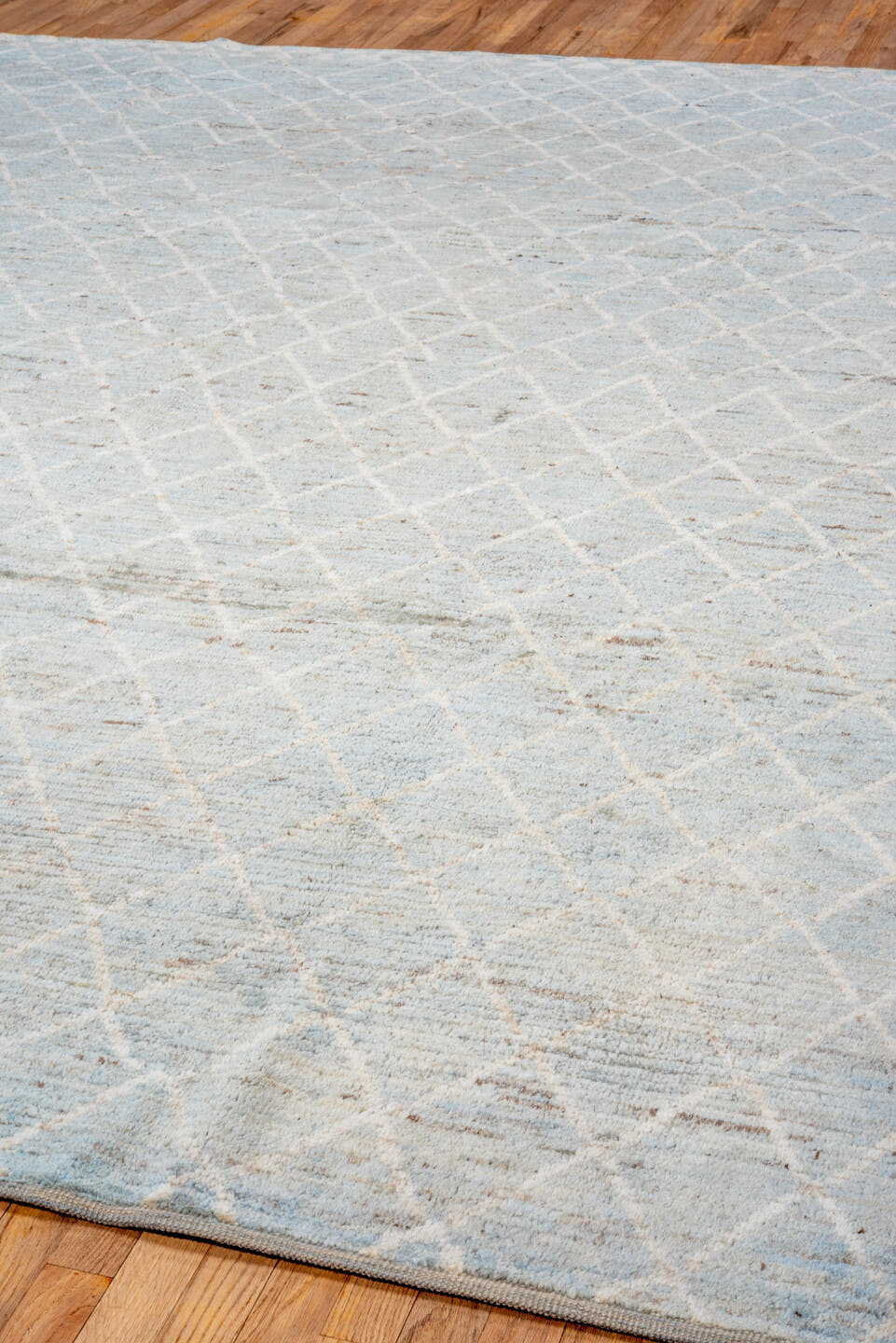 8' x 11' one-of-a-kind handmade vintage Tulu large size rug. Color palette: pale blue, ivory, taupe, beige, light gray