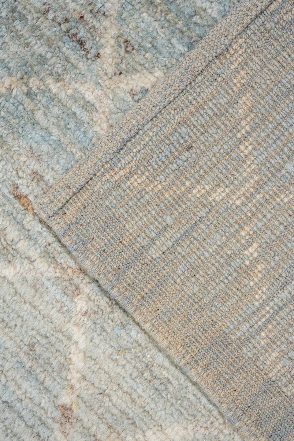 8' x 11' one-of-a-kind handmade vintage Tulu large size rug. Color palette: pale blue, ivory, taupe, beige, light gray