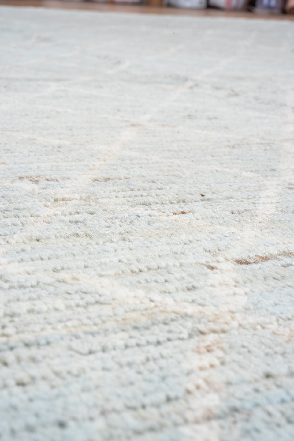8' x 11' one-of-a-kind handmade vintage Tulu large size rug. Color palette: pale blue, ivory, taupe, beige, light gray
